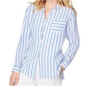 J. Jill Love Linen Womens‎ L Tall Blue White Stripe Linen Button Down Shirt